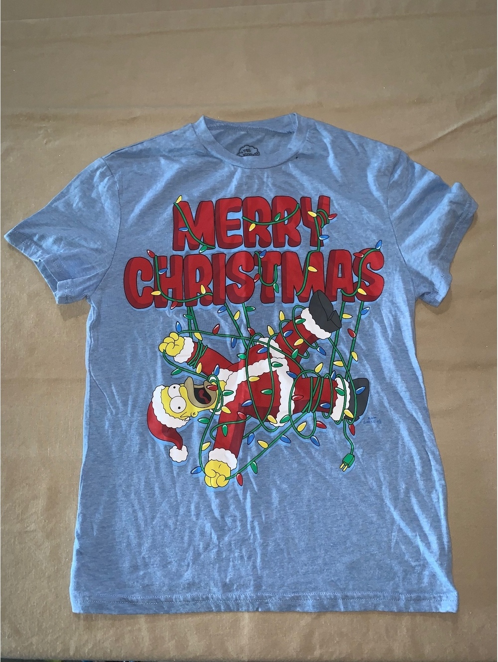 The Simpsons Merry Christmas Light Blue T Shirt Womens Small